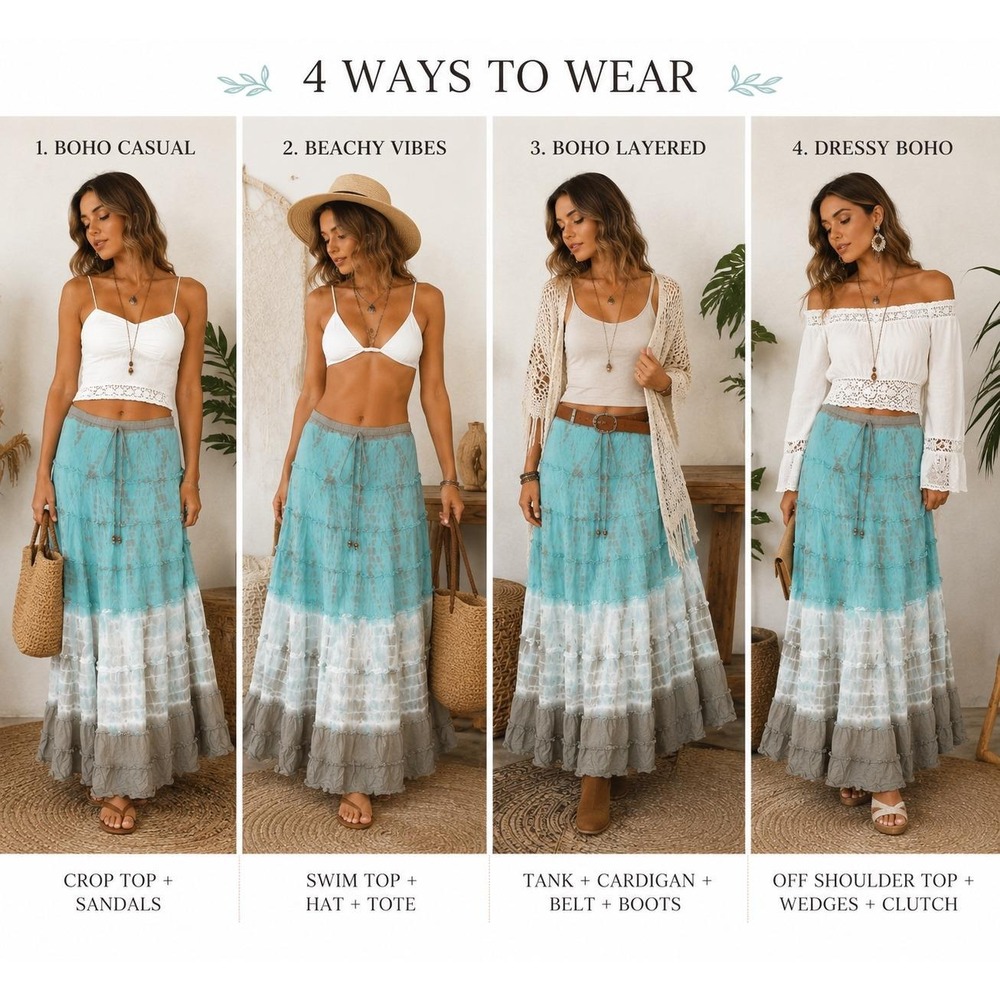Metrowear Tie Dye Maxi Skirt Womens Large Teal Blue Boho Tiered Cotton Gauze